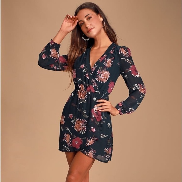 Lulus Dresses & Skirts - LULUS Pretty Pretender Navy Floral Wrap Dress Long Sleeve Dress WOMENS XS